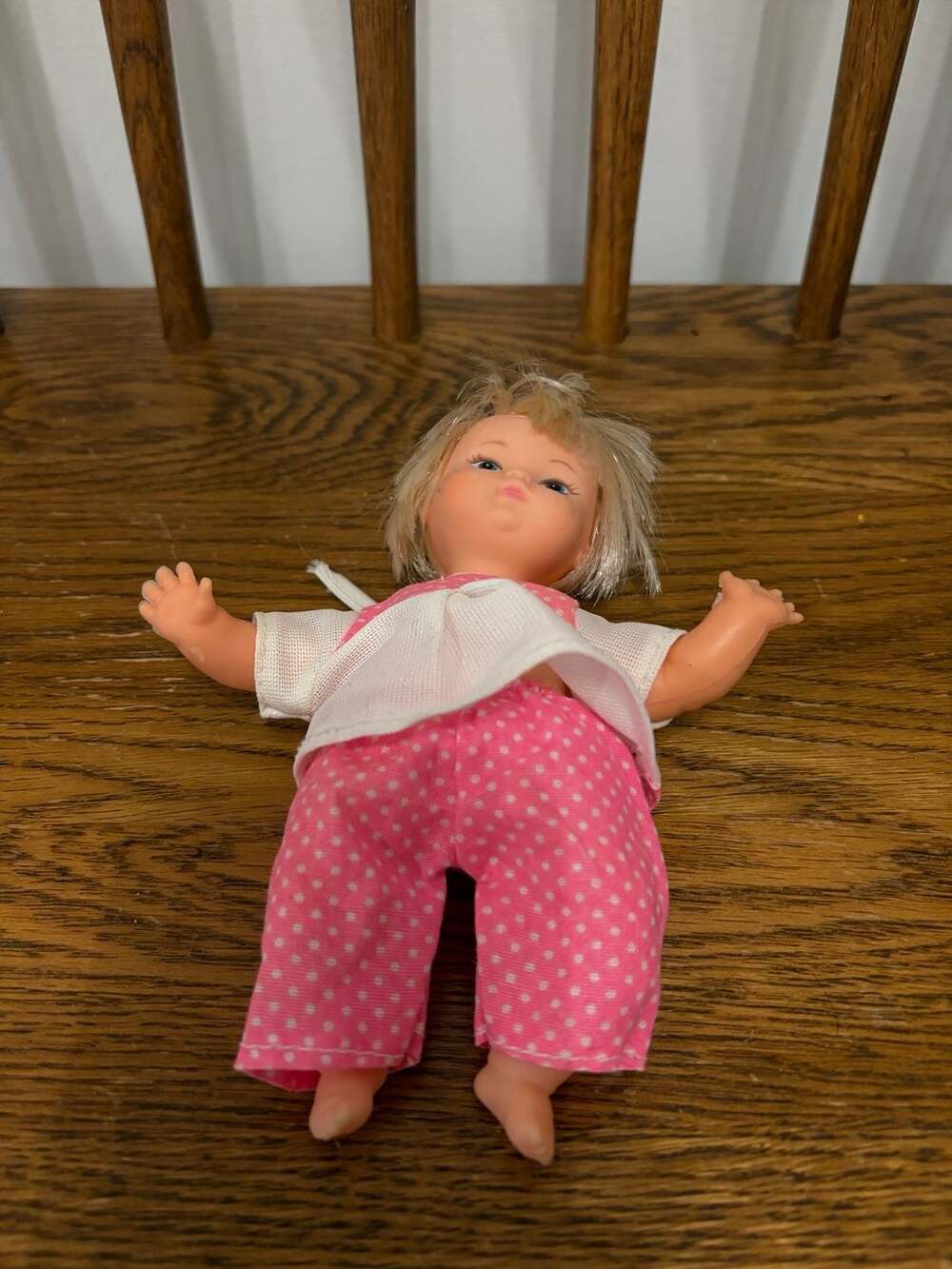 Vintage Mini Baby Doll Blonde Hair Pink Polka Dot Outfit Made in Hong Kong